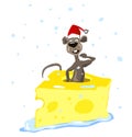 Confused funny cartoon brown rat in a red cap climbs out of a piece of cheese